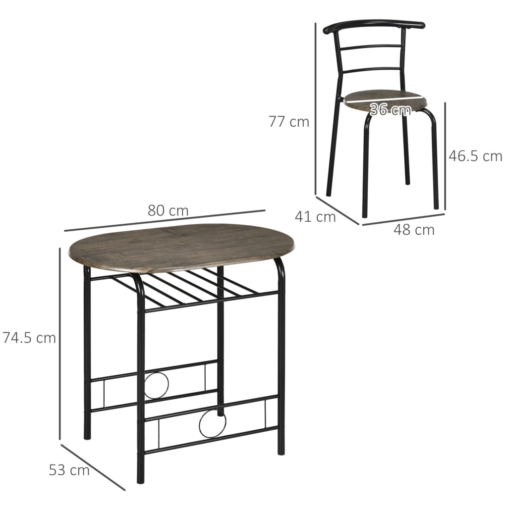 Set Bistro con Tavolo da Pranzo e 2 Sedie, 80x53x74,5 cm, Nero, Design Compatto con Ripiano