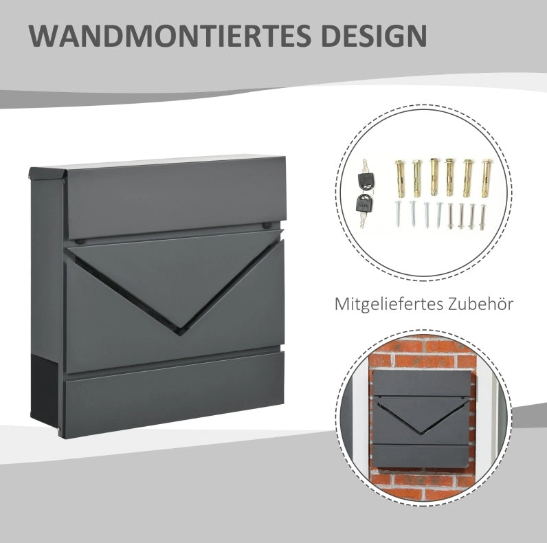 Cassetta postale da parete 37 x 10,5 x 37 cm in acciaio grigio con serratura