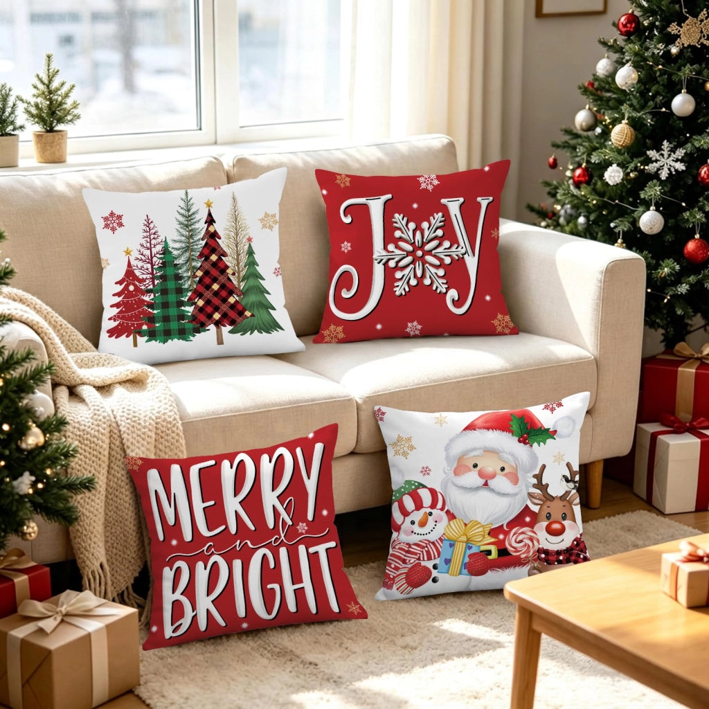 Cuscini decorativi natalizi, 45x45 cm, confezione da 4, in velluto, con motivi natalizi