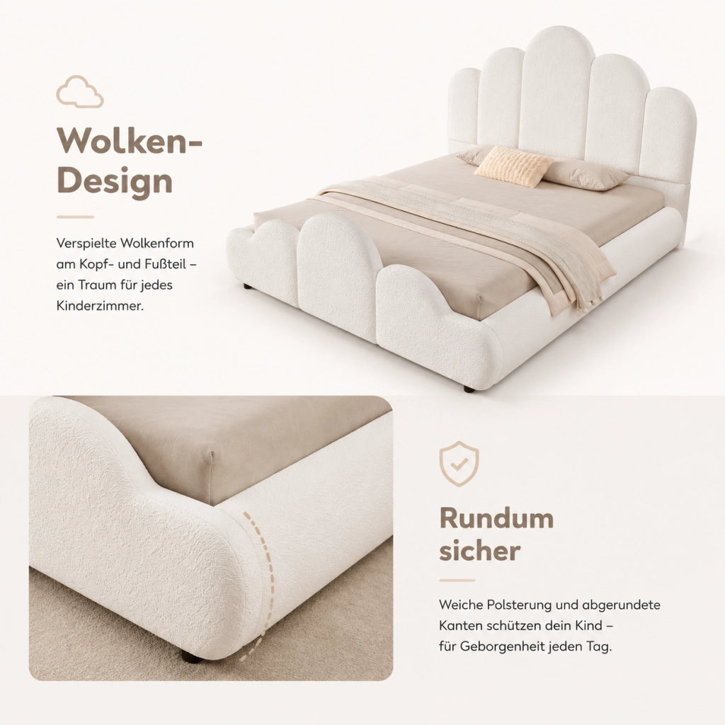 Letto per bambini imbottito 140 × 200 cm in bouclé beige con rete a doghe e angoli arrotondati