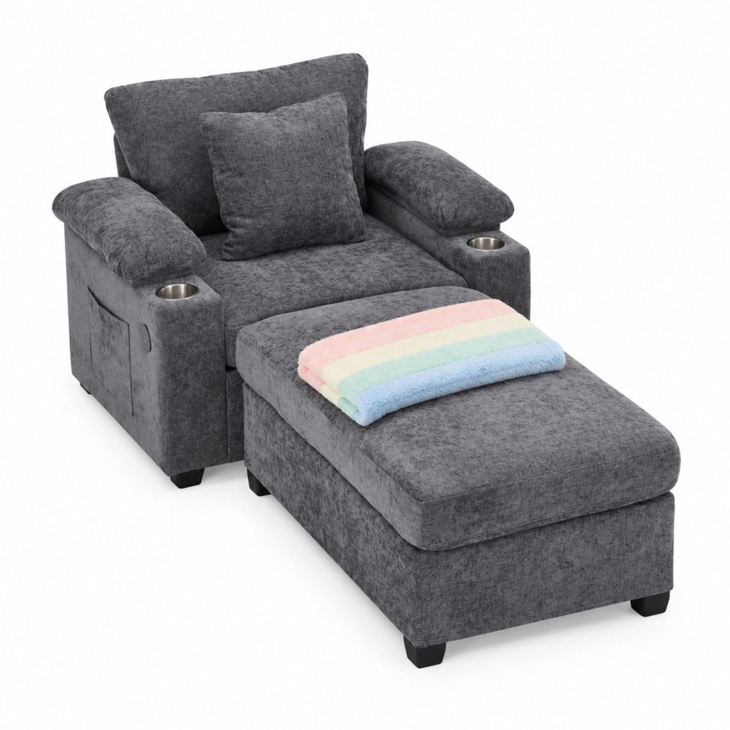 Divano trasformabile grigio scuro con pouf, porta USB e vani contenitori