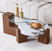 Set 2 tavolini da salotto separabili Ø61 cm in MDF e vetro di sicurezza