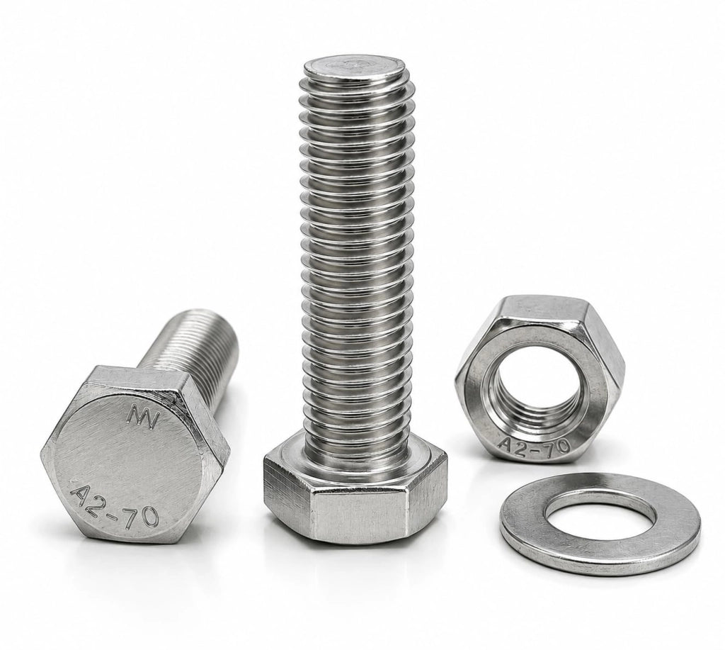 Viti a testa esagonale M6 x 20 mm in acciaio inossidabile AISI 304 (A2) – Set con 200 viti, 200 dadi e 200 rondelle (600 pezzi) – Viti a filettatura piena