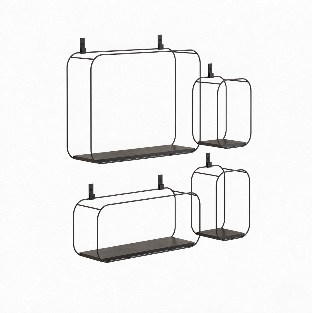 Set di 4 mensole da parete in metallo e MDF nero, stile industriale