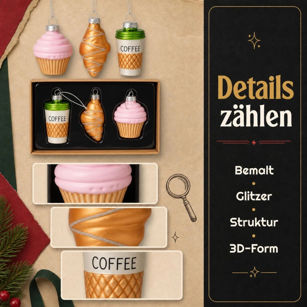 Set di 3 decorazioni natalizie in vetro: caffè e pasticcini