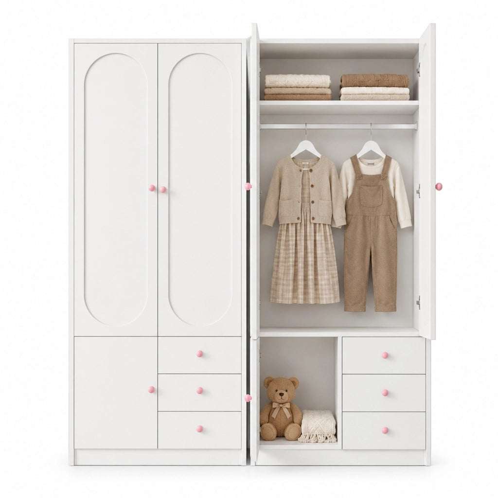 Armadio bianco in MDF con tre cassetti e maniglie rosa