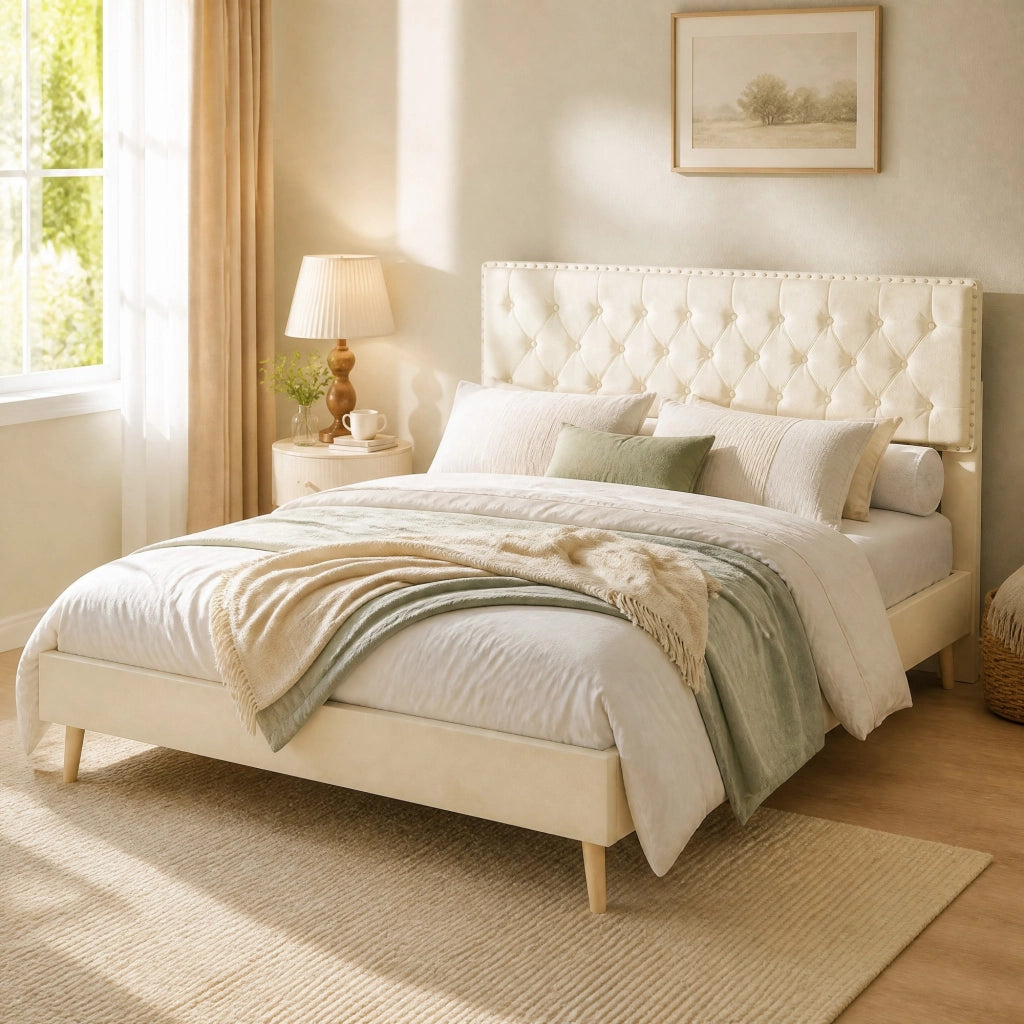 Letto matrimoniale ULEVR 140x200 cm in velluto beige con testiera alta e spazio sottoletto