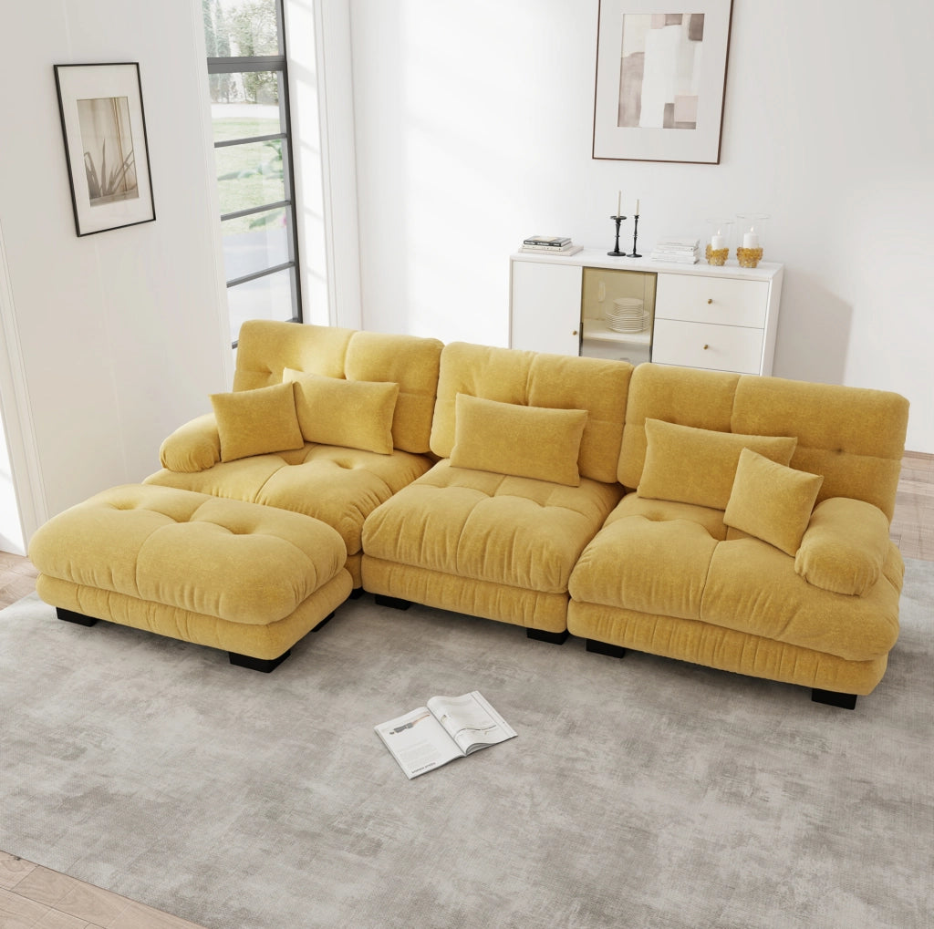 DIVANO Modulare in Chenille Giallo con pouf mobili