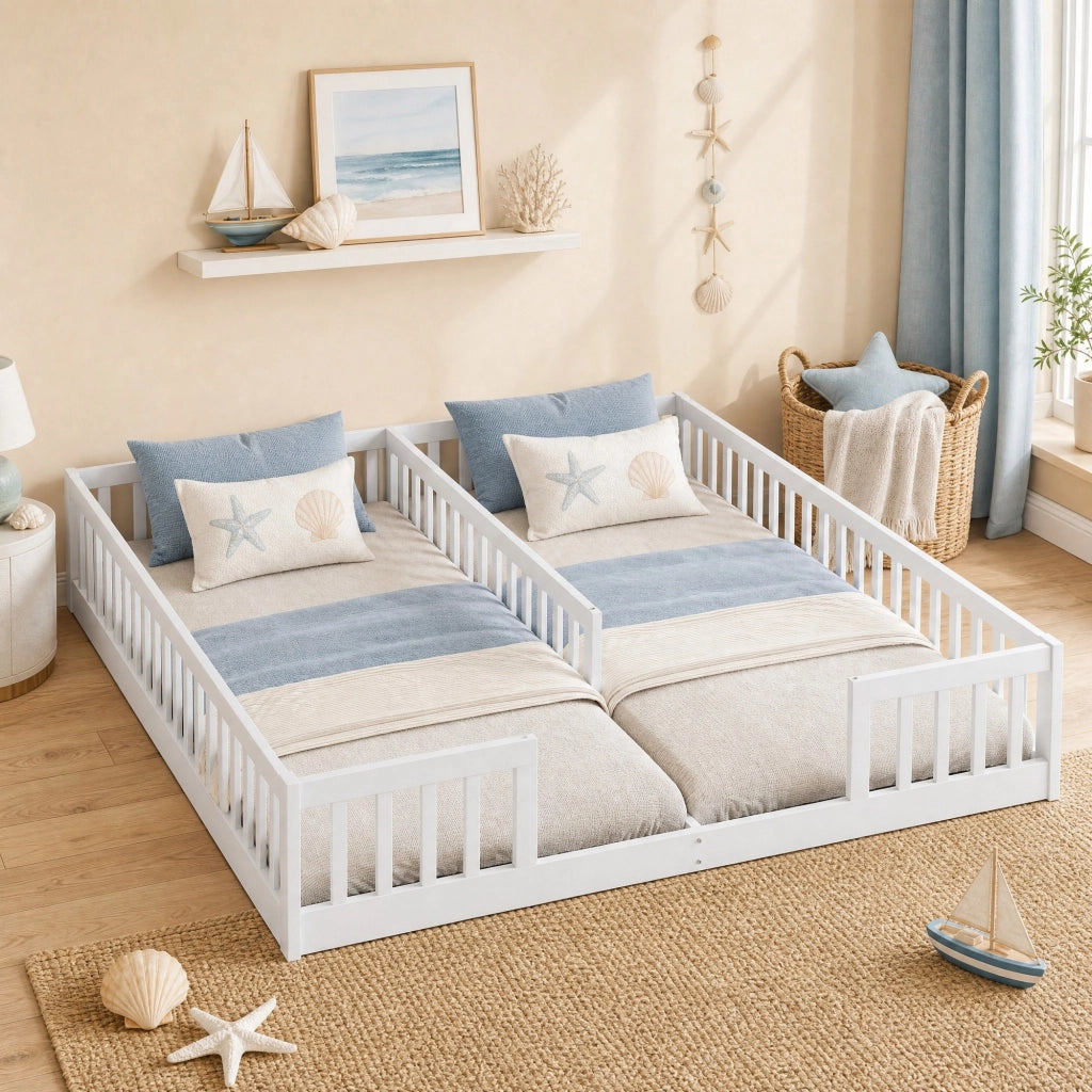 Letto basso per bambini ULEVR 90x200 cm con 2 posti e sponde di sicurezza, pino e MDF bianco