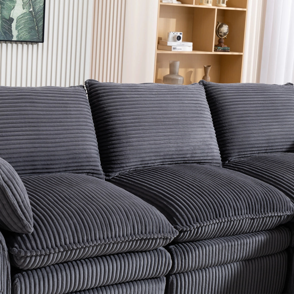 Divano modulare 335x167x85 cm con tasche laterali in velluto a coste grigio scuro