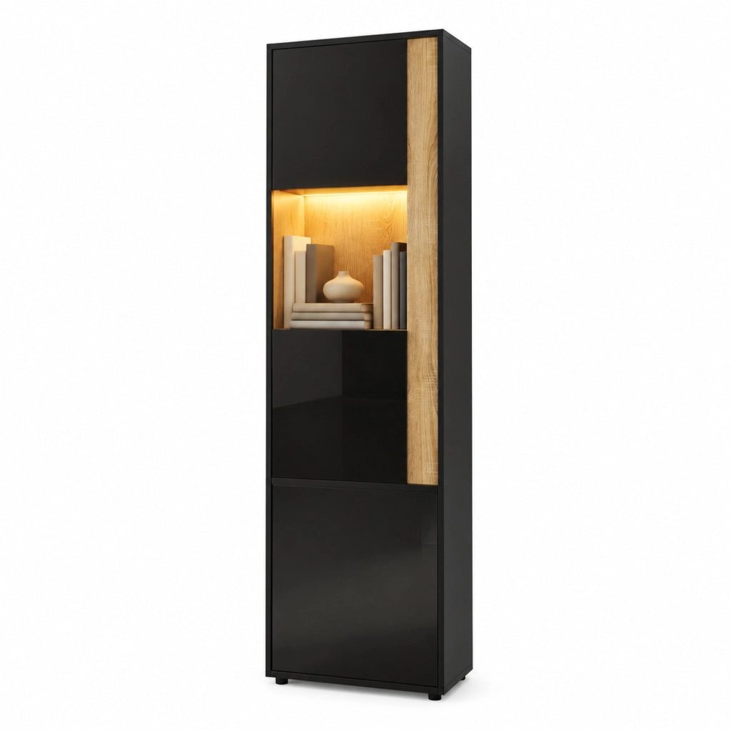 Mobile alto con illuminazione LED e 2 ante, nero e naturale