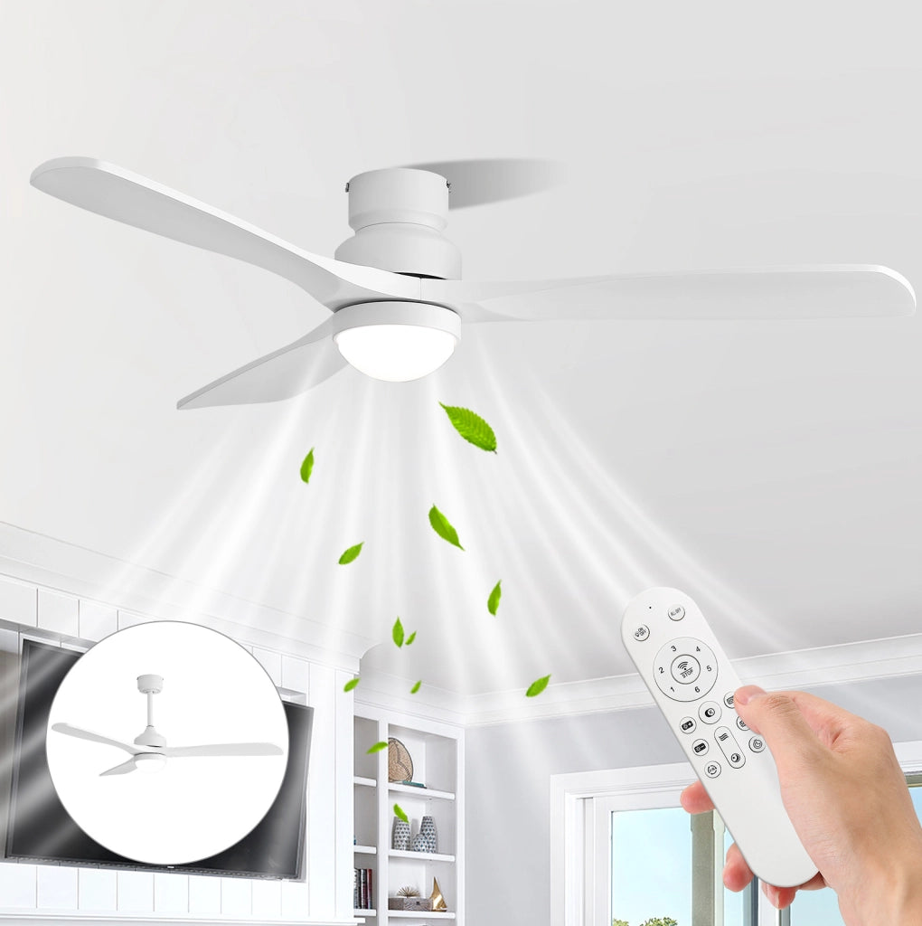 Ventilatore da soffitto bianco con luce LED; motore DC silenzioso e telecomando