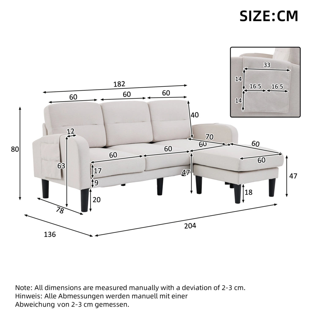 Divano angolare modulare 3 posti con chaise longue e tasche laterali; beige