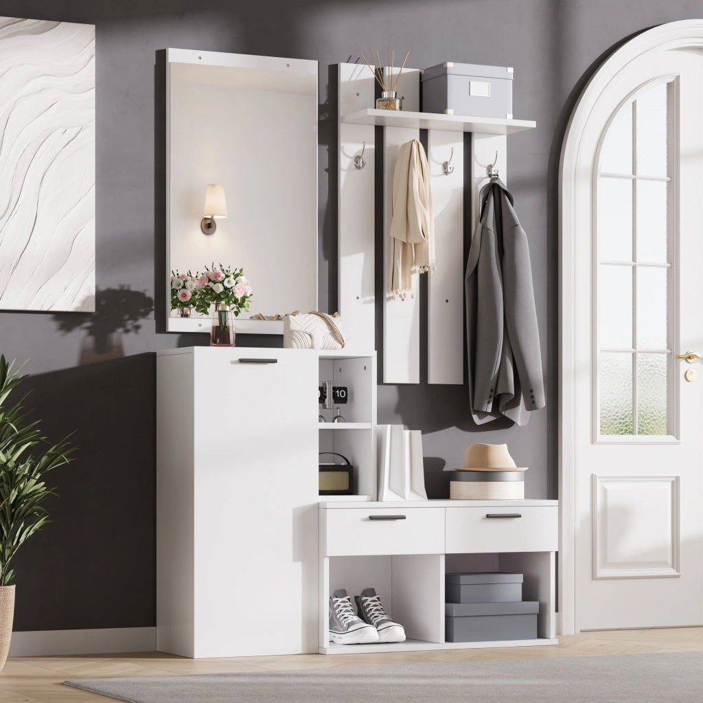 guardaroba ingresso 120x35x175,5 cm in MDF bianco con specchio e 2 cassetti