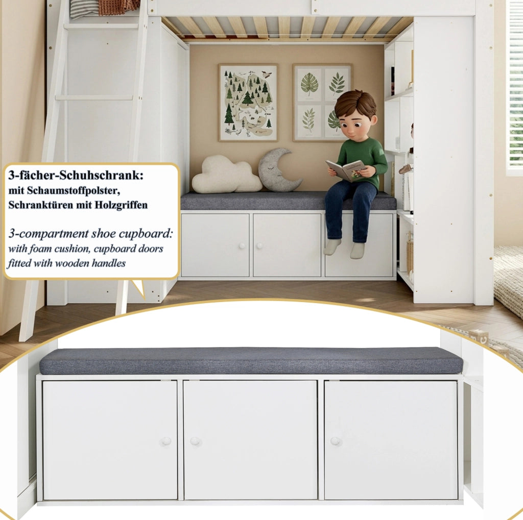 Letto a soppalco 90x200 con armadio e panca bianco/naturale