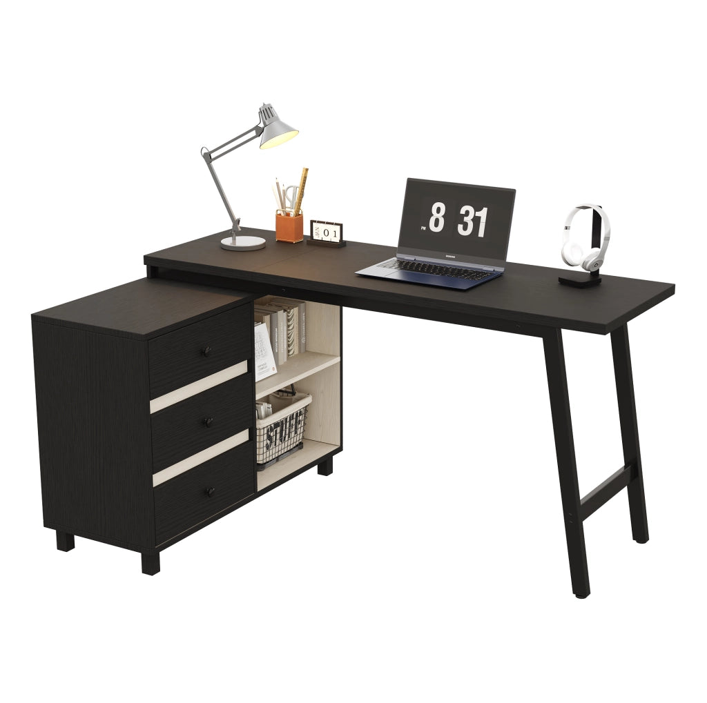 Scrivania angolare 150x100 cm nera e bianca in MDF con 3 cassetti