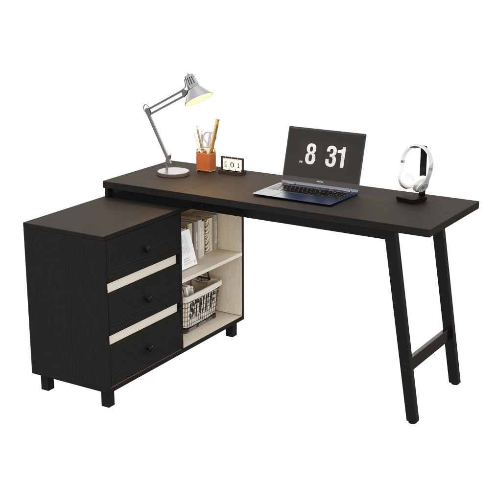 Scrivania angolare 150x100 cm nera e bianca in MDF con 3 cassetti