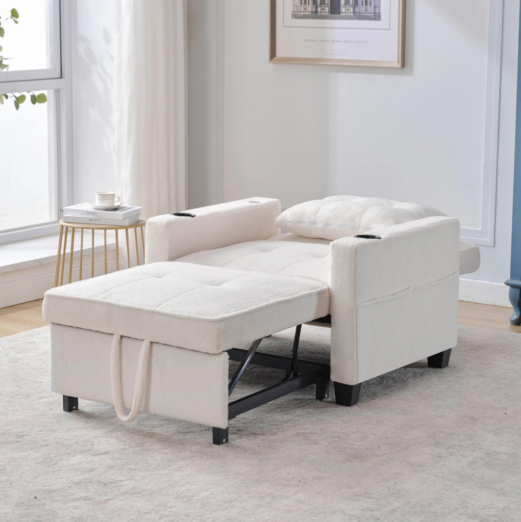Poltrona letto estraibile con schienale regolabile; porta bicchieri e porta USB; bianca