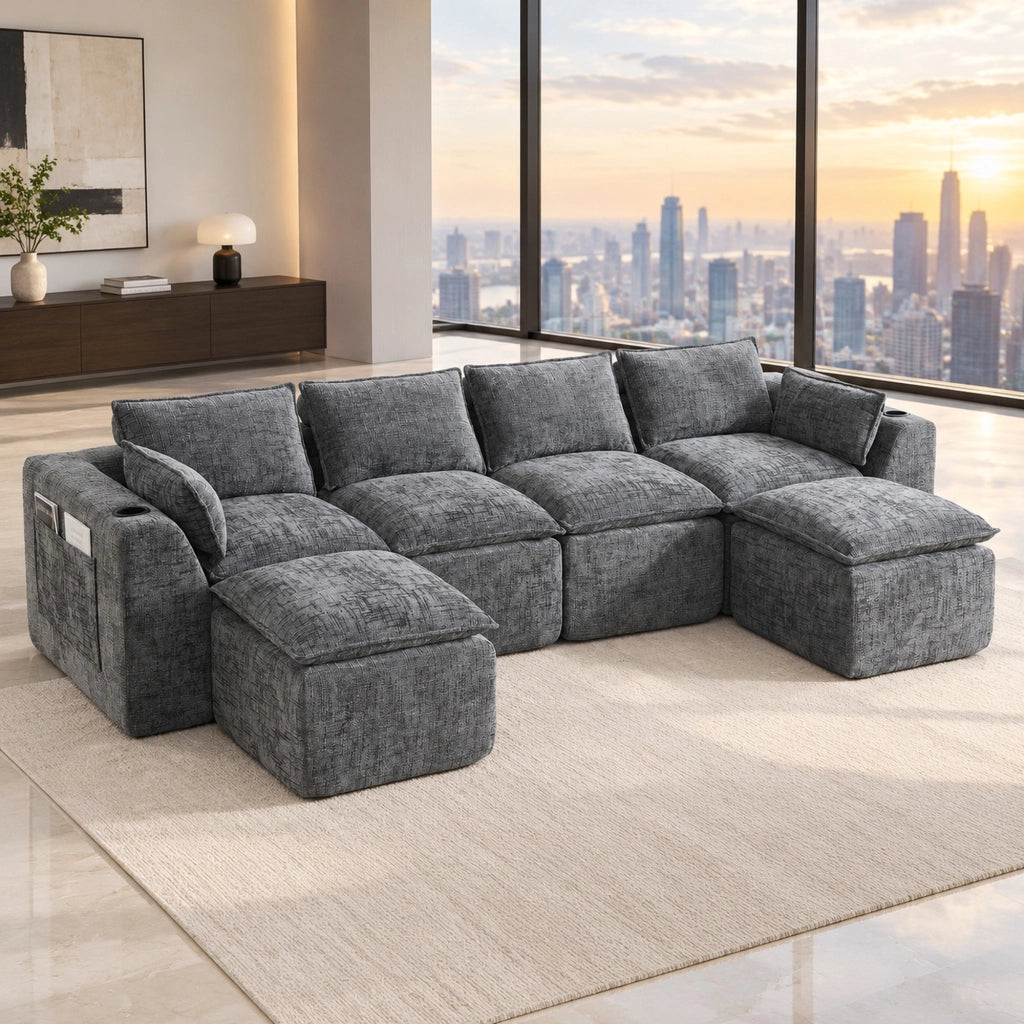 Divano modulare in ciniglia grigio scuro 322 × 161 × 75 cm