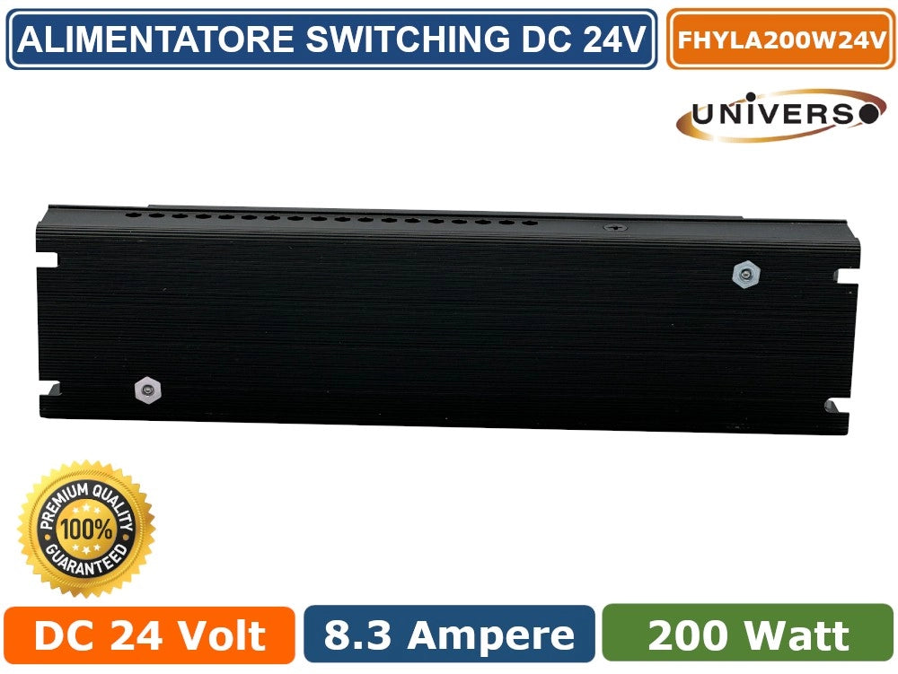 ALIMENTATORE SLIM METALLICO STABILIZZATO SWITCHING TRIMMER 220V-24V 8.3A 200 WATT COLORE NERO
