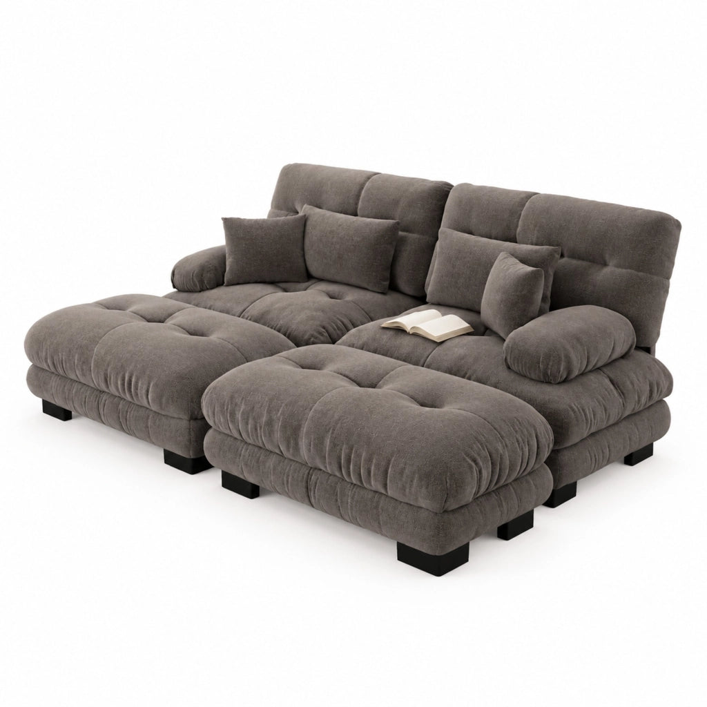 DIVANO Modulare in ciniglia marrone con pouf