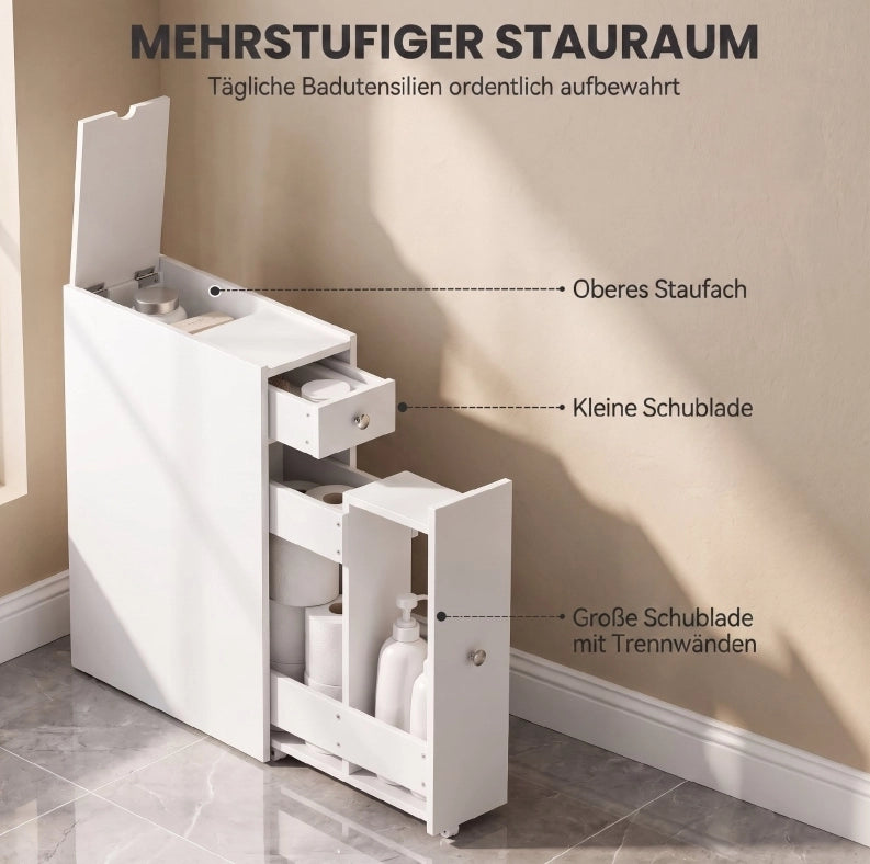Mobile bagno stretto bianco con 2 cassetti e vano aperto