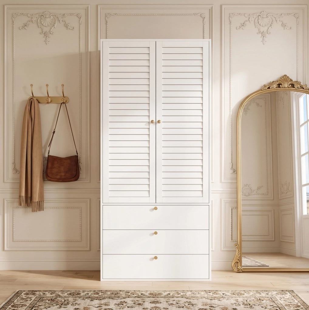 Armadio 2 ante 90x50x200 cm con 3 cassetti e appendiabiti in truciolare bianco