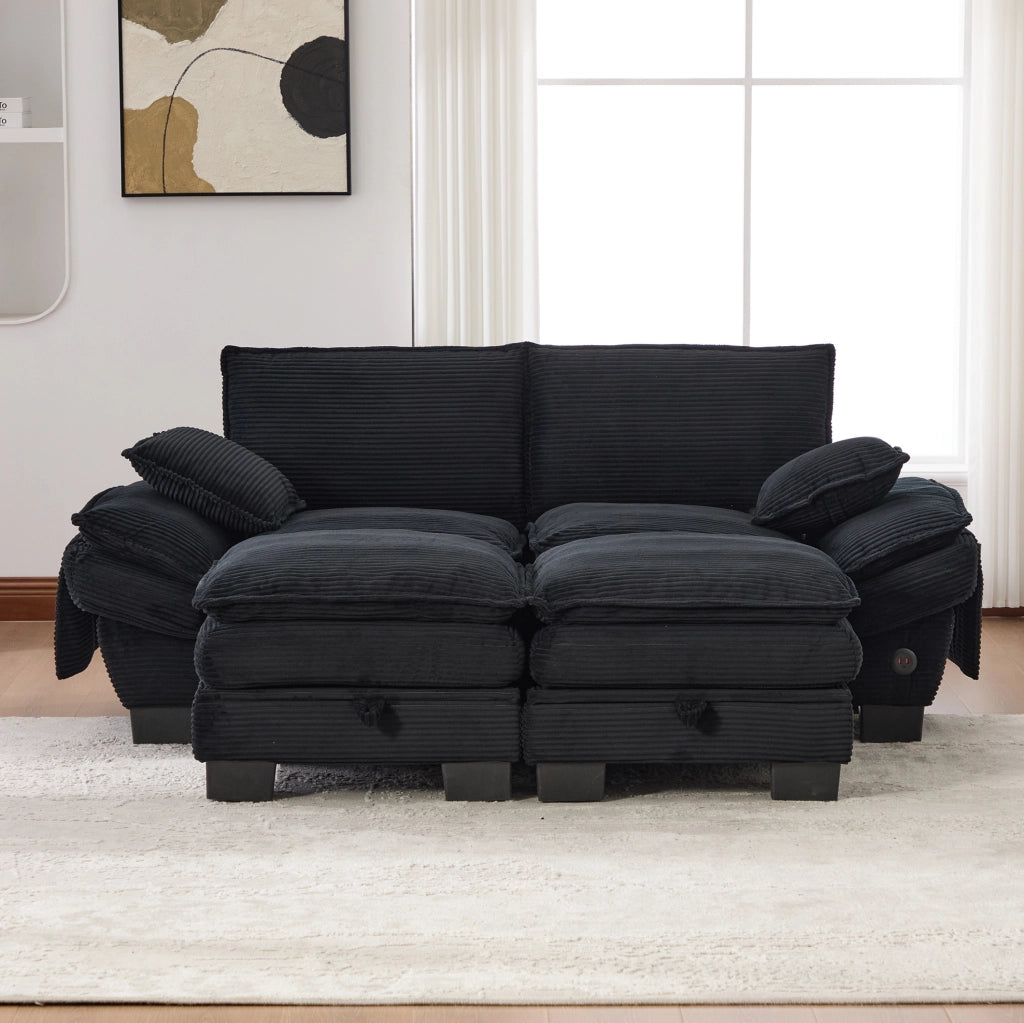 Divano modulare 2 posti ULEVR 190x132x84 cm con 2 pouf, porta USB-C e tasche laterali, velluto a coste nero