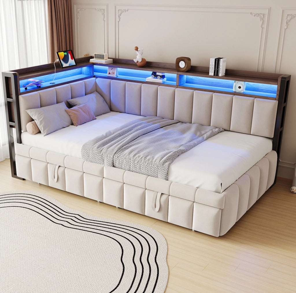 Divano letto estraibile 90x200 beige con LED, USB e Type-C