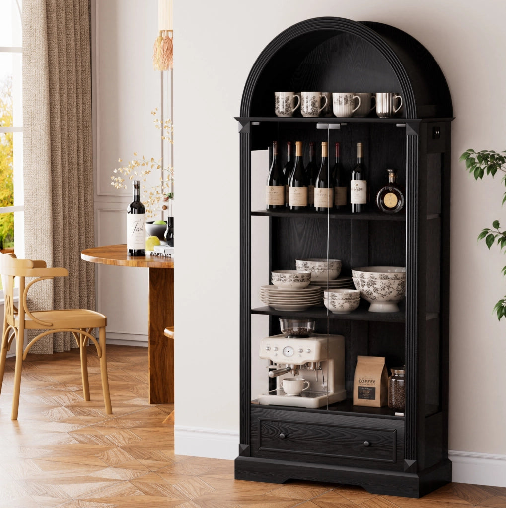 Vetrina ad Arco con Ante in Vetro Temperato e LED a Sensore di Movimento in Legno e Vetro 180 cm Nera per Soggiorno