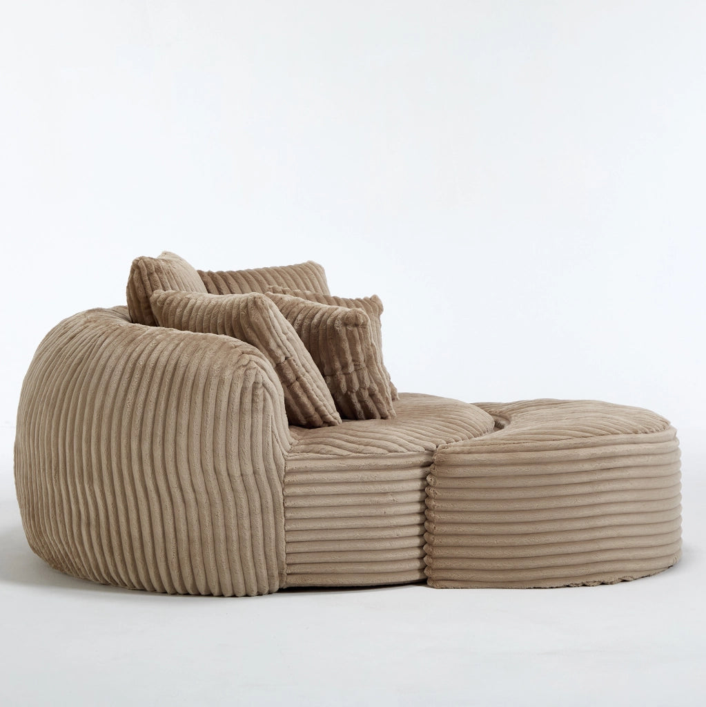 Poltrona rotonda con poggiapiedi in chenille cammello e marrone