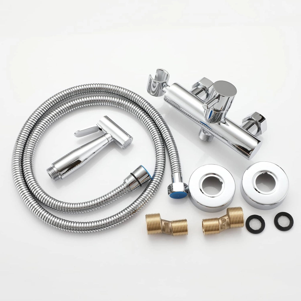 Set per bidet in ottone, cromato, composto da 4 pezzi, con doccetta manuale