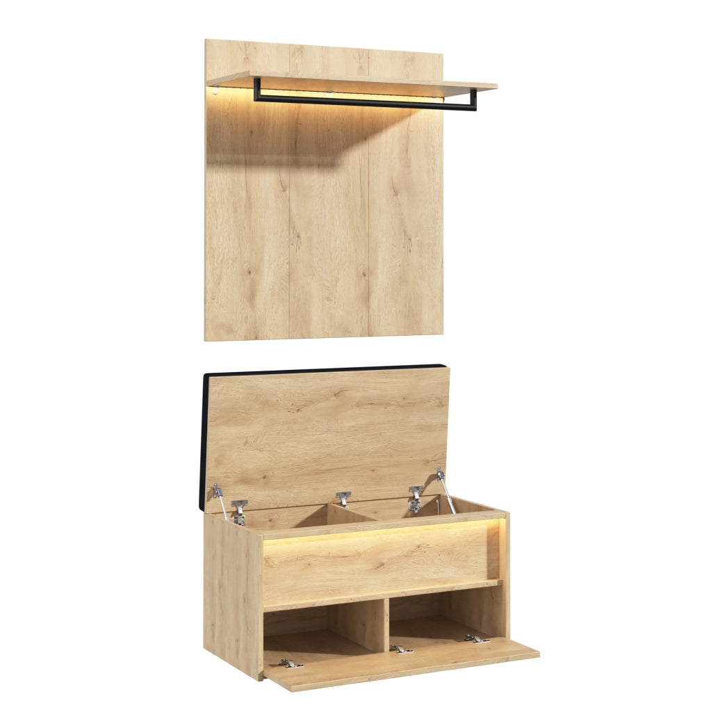 Set ingresso con appendiabiti a parete e panca scarpiera, rovere