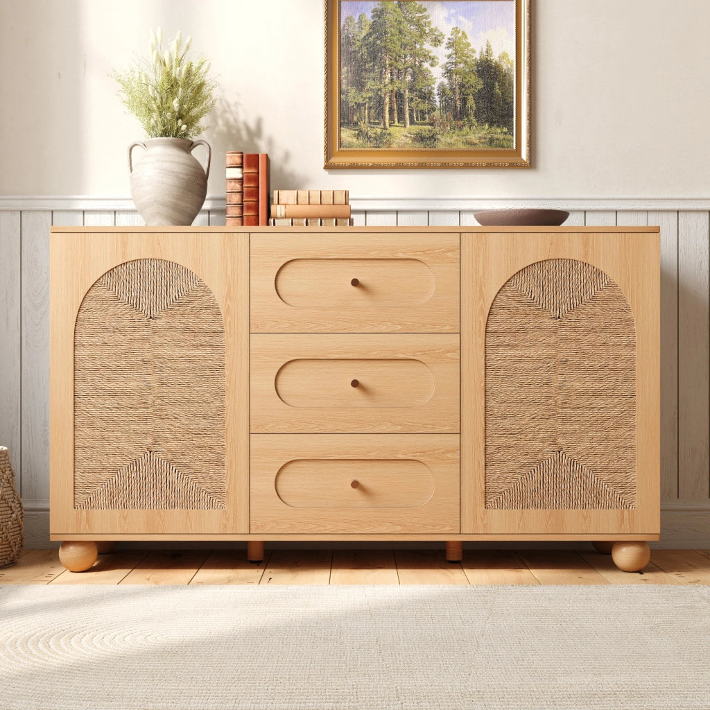 Credenza 140 × 40 × 80 cm con due ante in intreccio di corda tre cassetti MDF e pannelli truciolari naturale