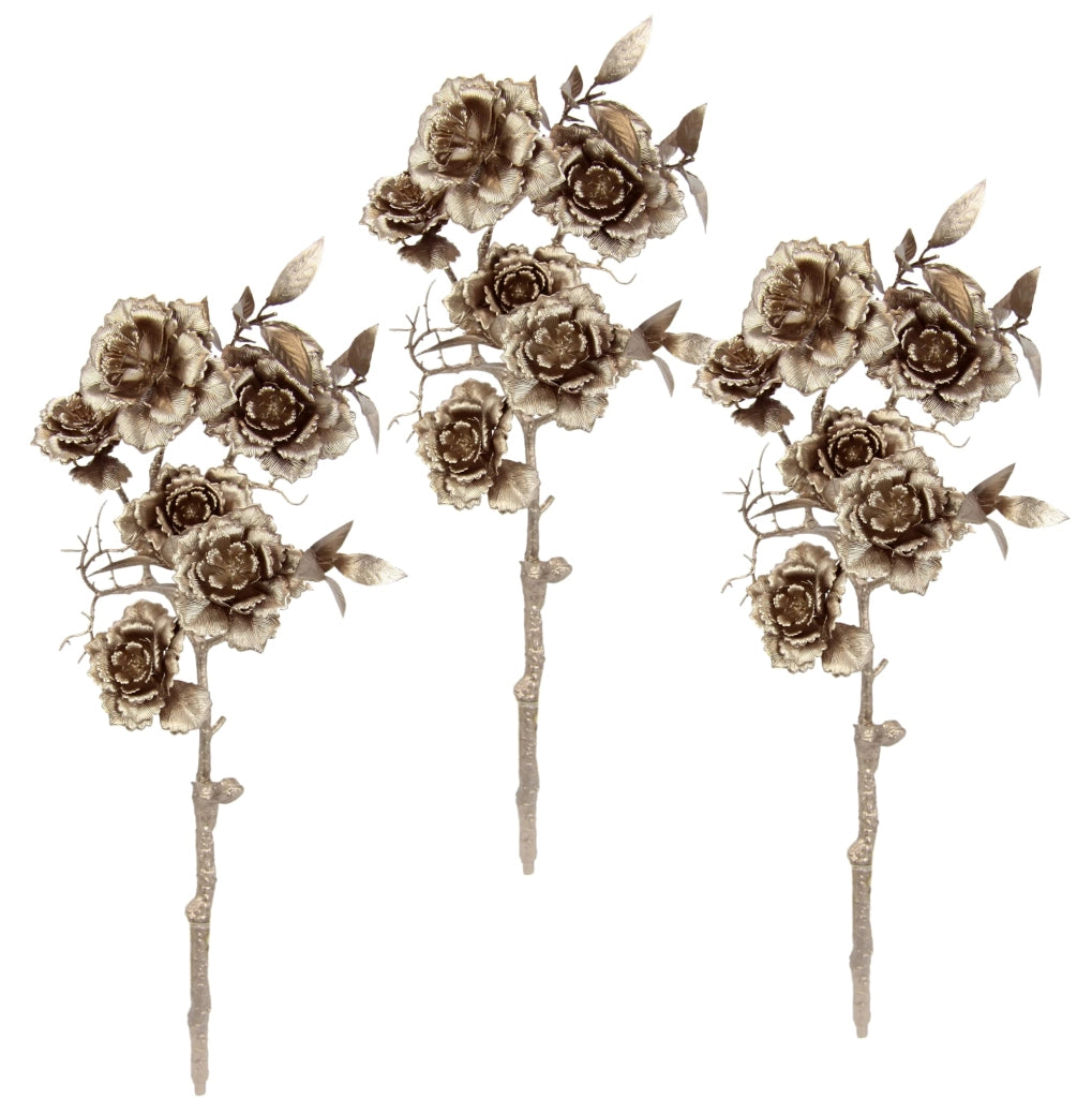 Set di 3 rose artificiali, rose di seta dorate, 6 fiori, poliestere, 54 cm
