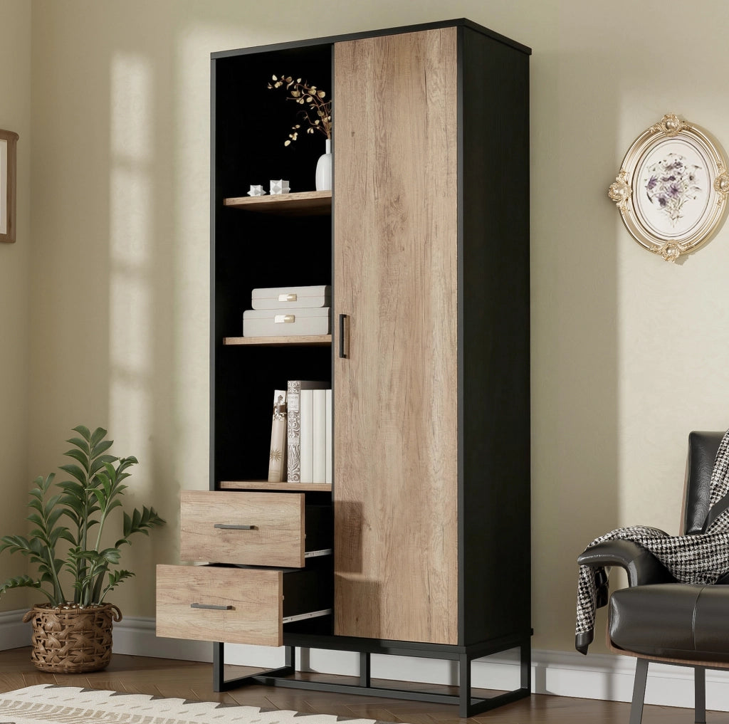 Mobile alto 80x40x180 cm con anta; 2 cassetti e 3 vani in MDF; nero e legno