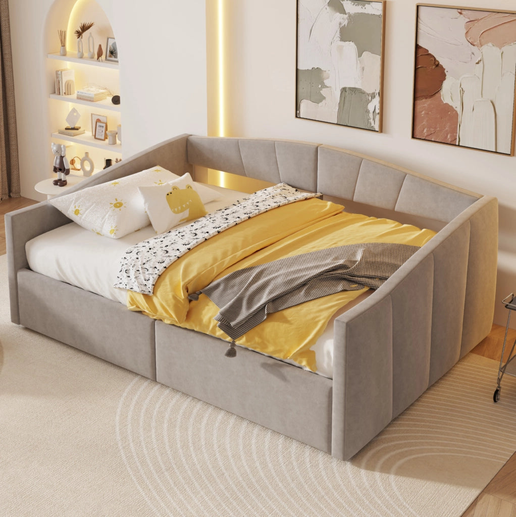 Letto imbottito 140x200 cm con contenitore idraulico e rete a doghe in velluto grigio chiaro