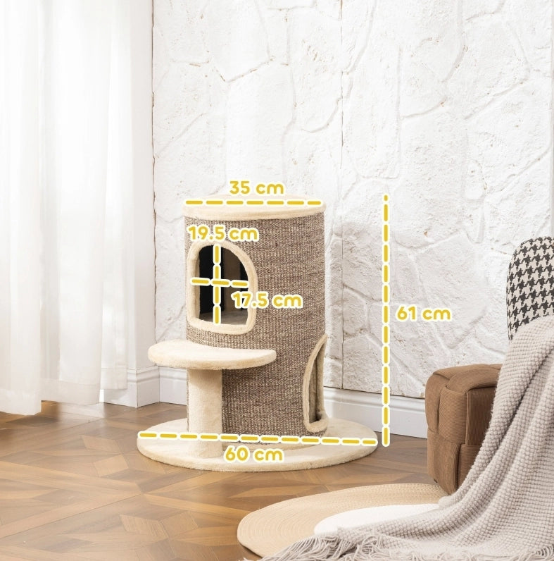Tiragraffi a torre per gatti a 2 livelli con cuccette e piattaforma, beige e marrone