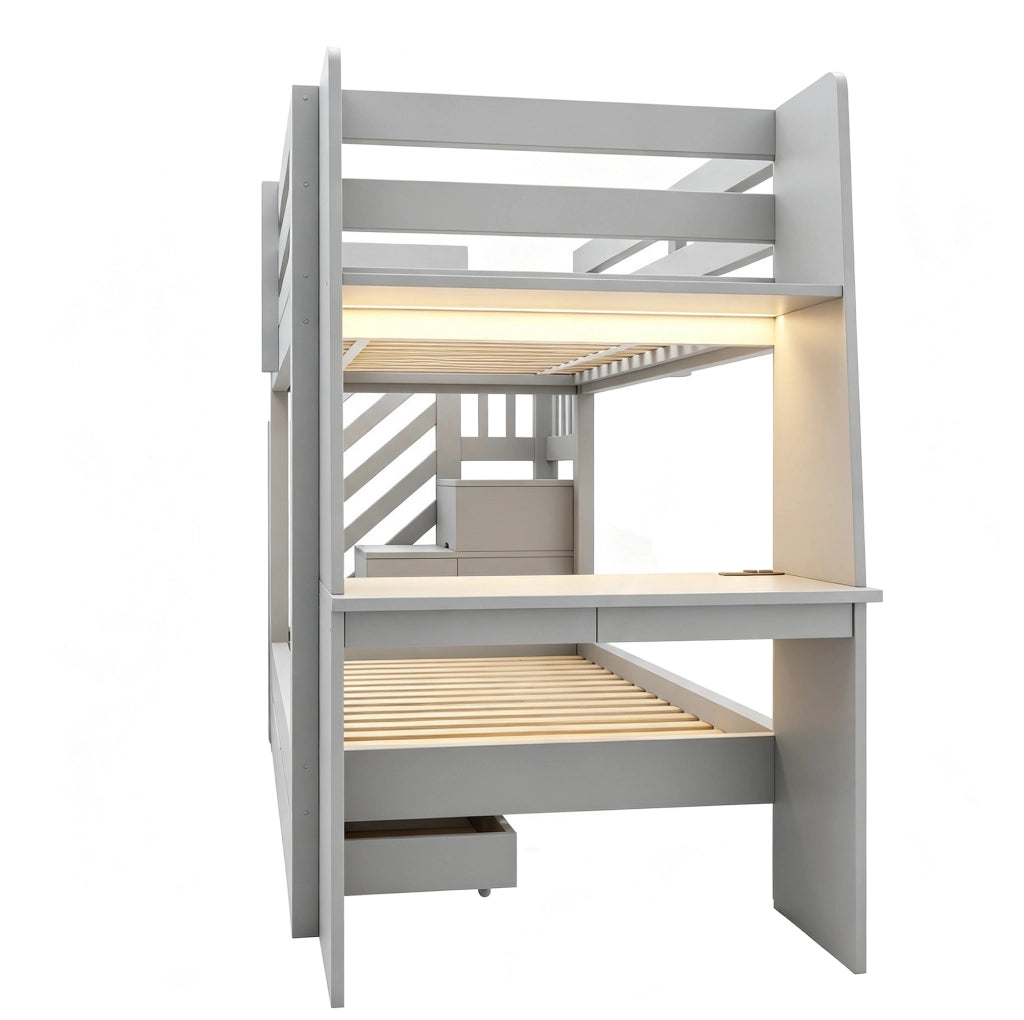 Letto a castello 90 x 200 cm grigio con scrivania, scala contenitore e luci LED