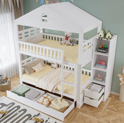 Letto a castello a casetta 90 x 200 cm bianco con 2 cassetti, vani laterali e scala