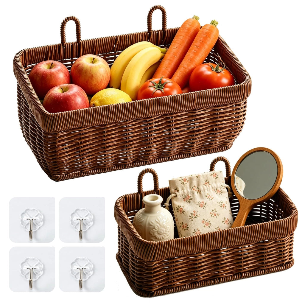 Set di 2 cesti appesi intrecciati in rattan, color marrone scuro