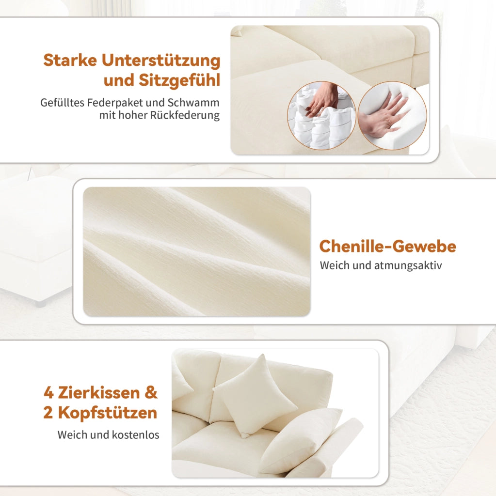 Divano modulare in ciniglia beige 4-6 posti con 2 pouf