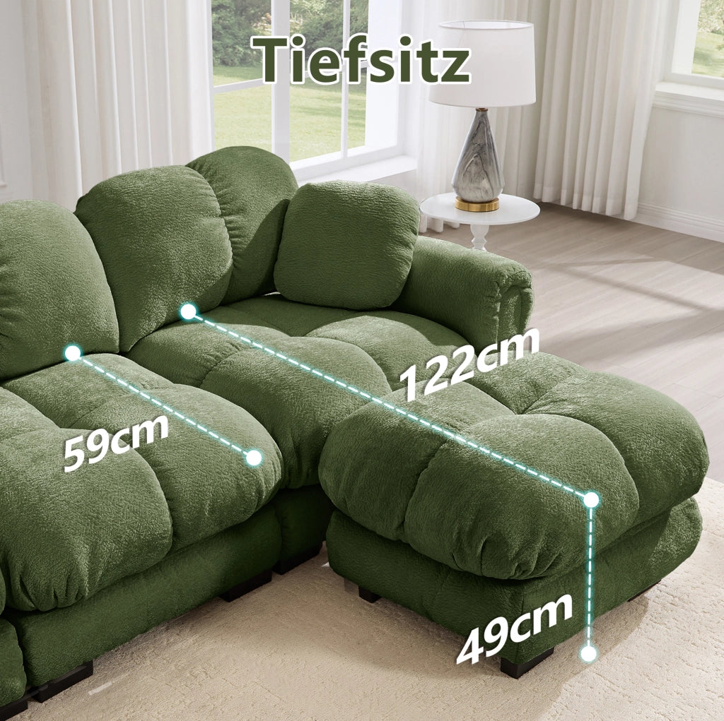 Divano modulare in ciniglia verde con pouf mobili