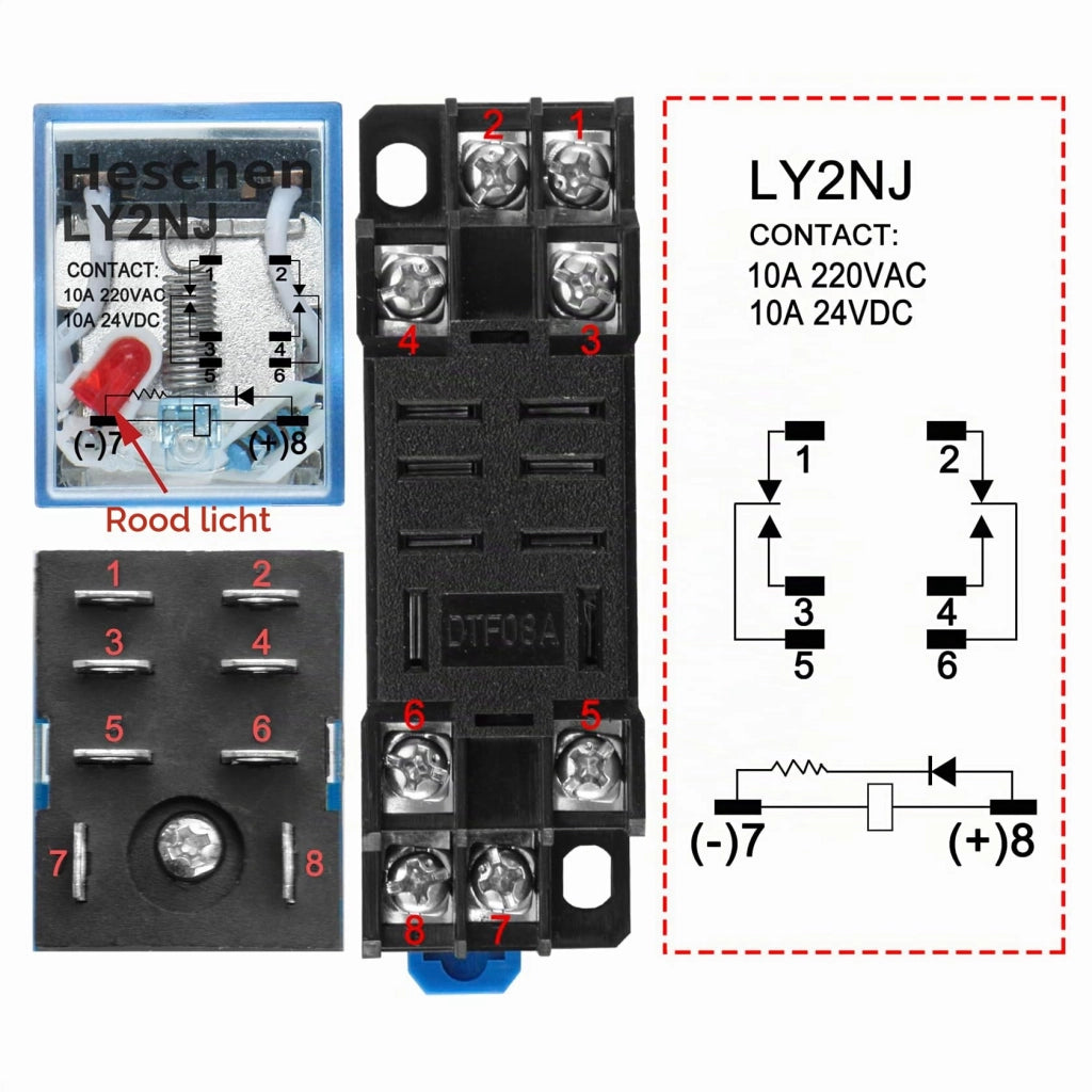 Relè LY2NJ, 220 VAC, DPDT, 10 A, con LED e base
