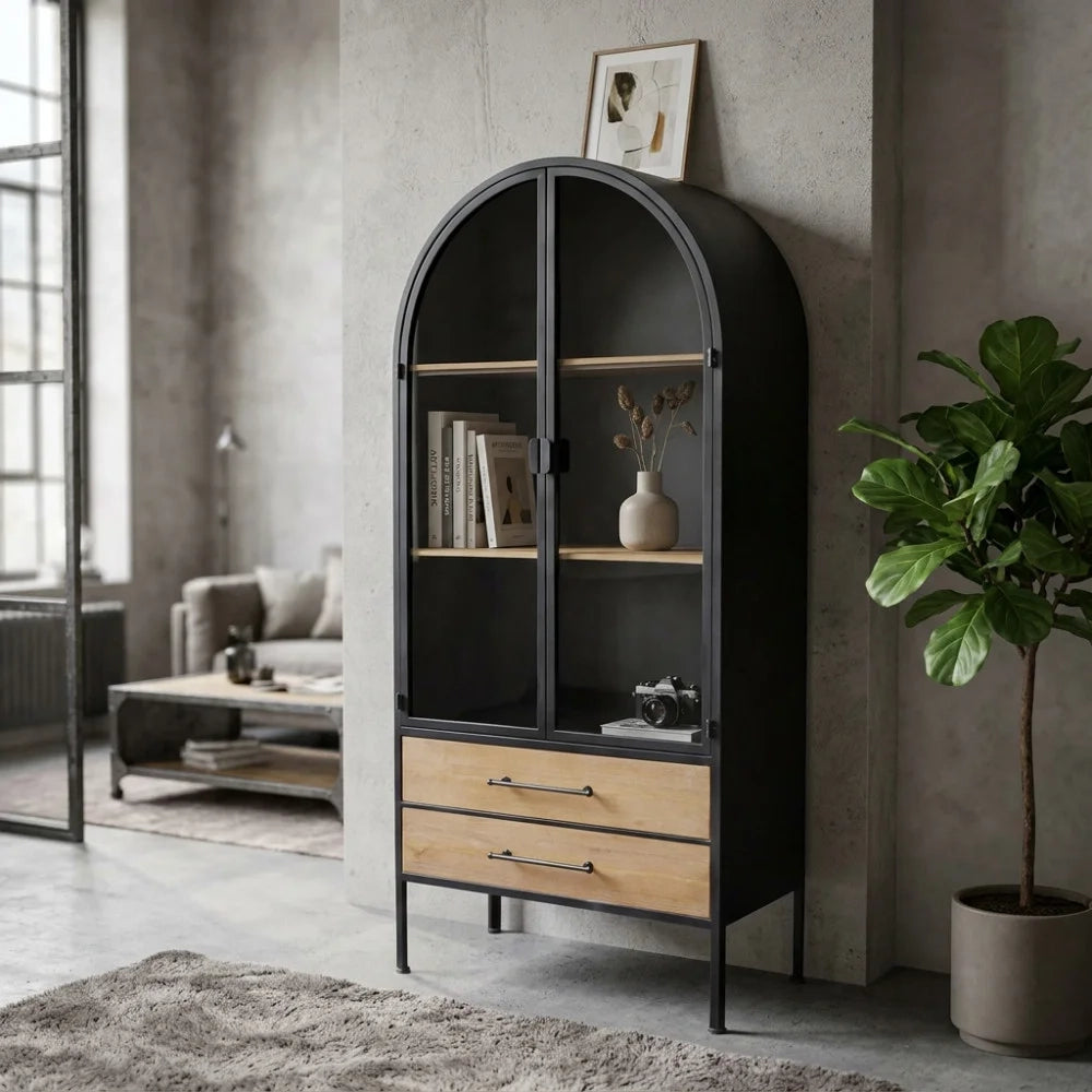 Vetrina Industrial in Metallo e Legno con Ante in Vetro Hand Antracite