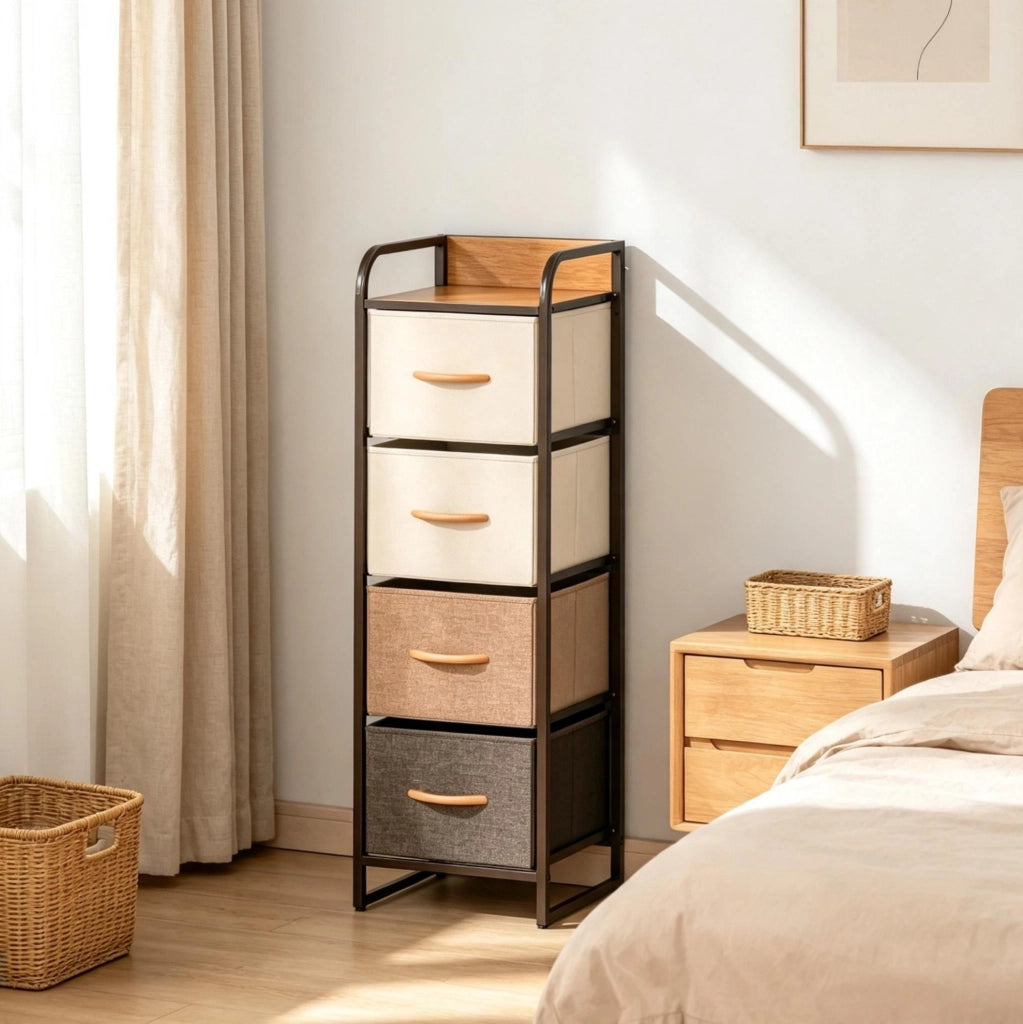 Cassettiera beige e marrone con 4 cassetti pieghevoli