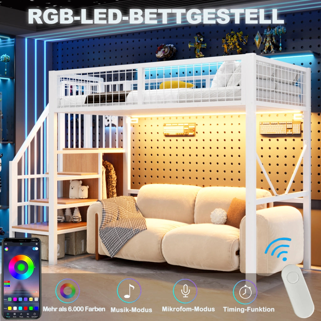 Letto a soppalco 90 x 200 cm bianco con scala contenitore e LED