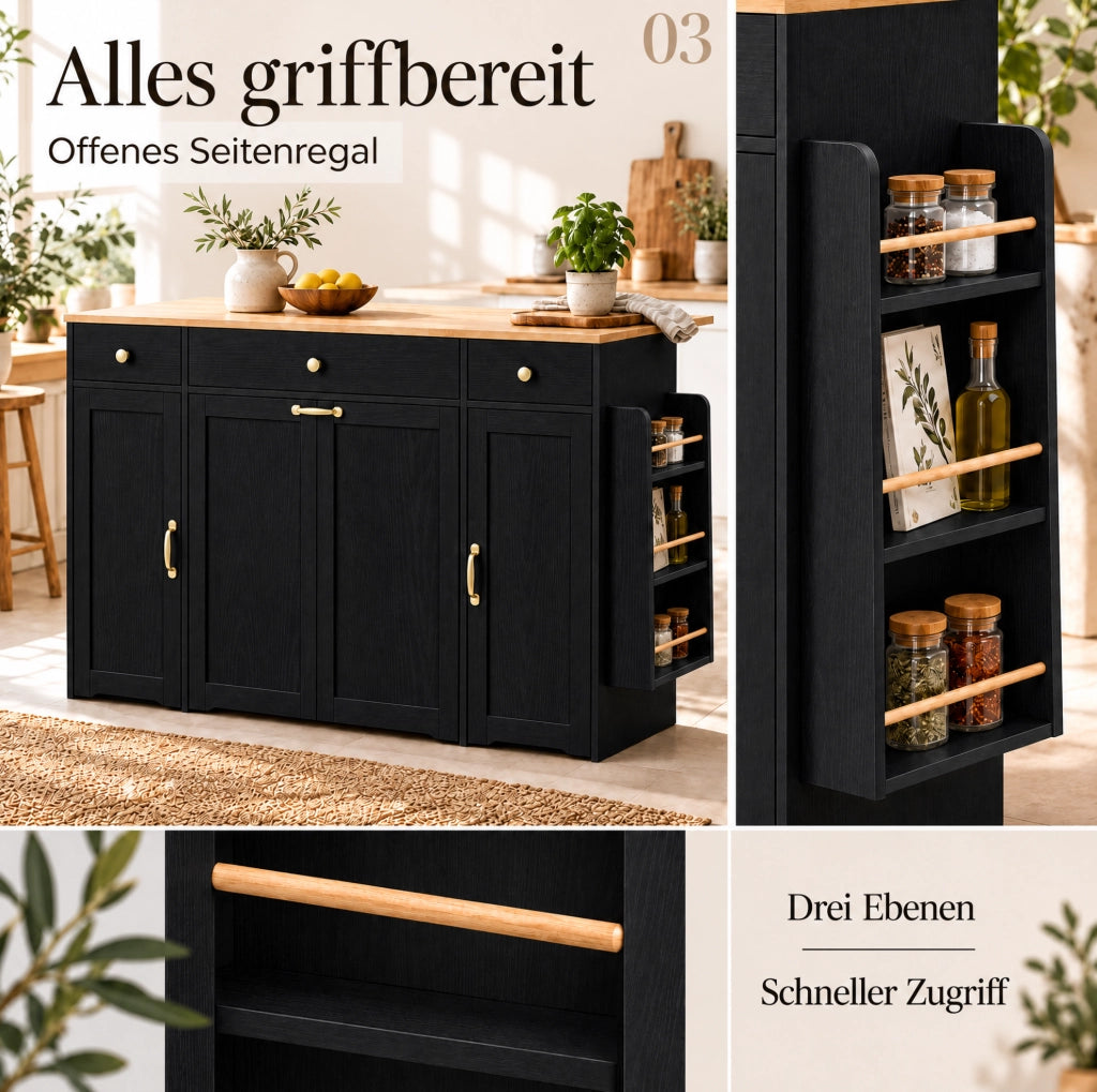 Credenza in MDF con 3 cassetti e piano color legno, nera