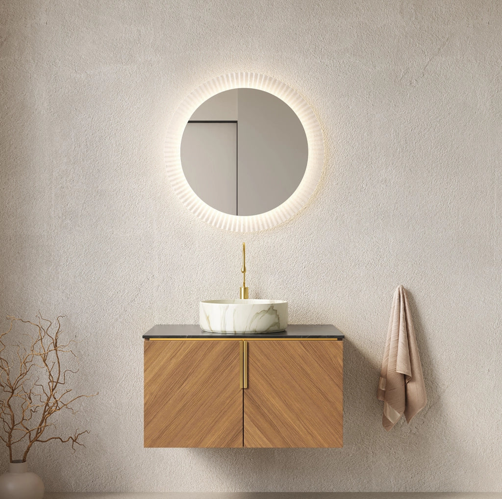 Mobile lavabo sospeso 76 cm, lavabo ceramica bianca, top nero, compensato marrone