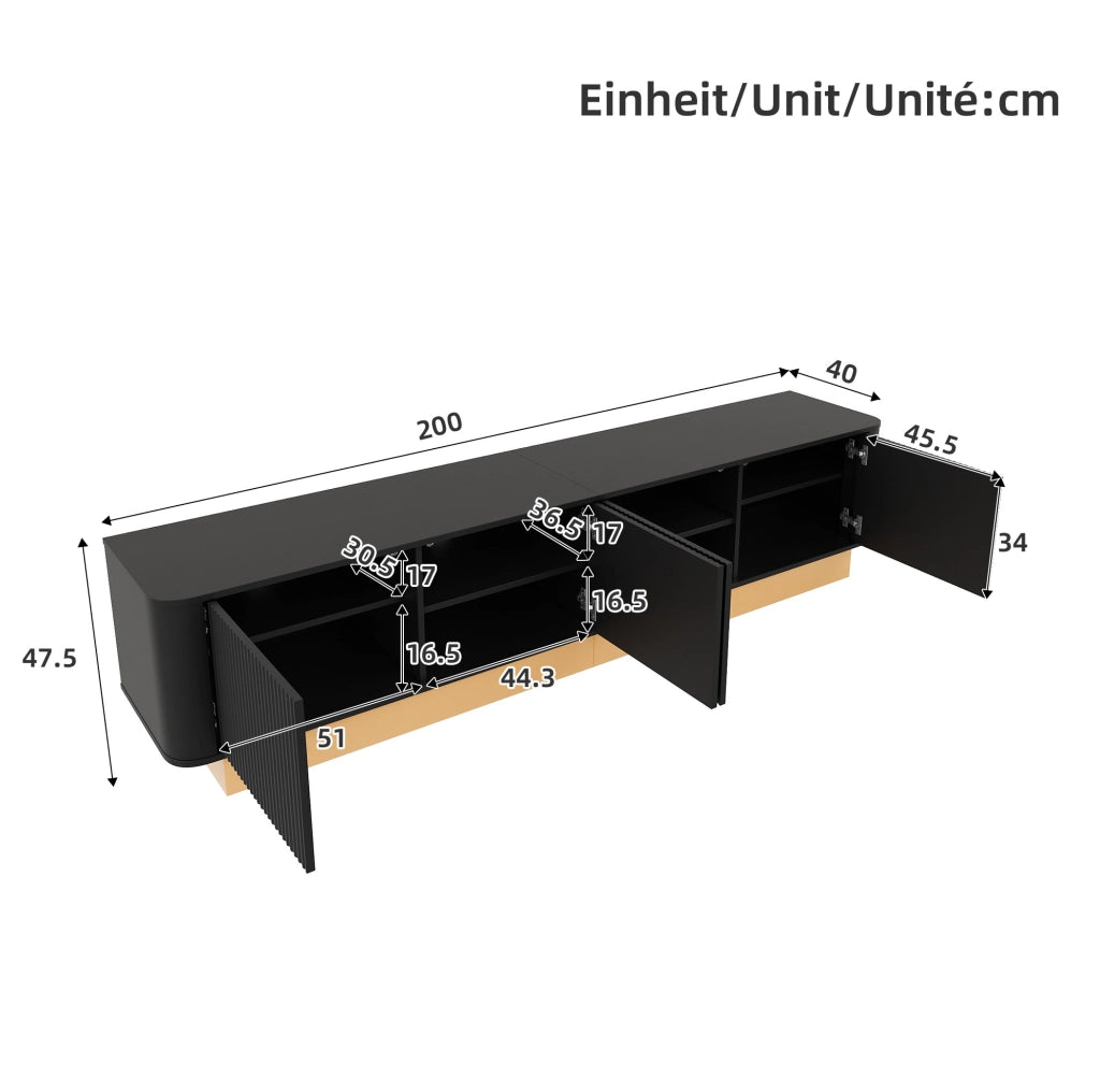 MOBILE TV 200 x 40 x 47,5 cm in MDF nero con 4 ante e ripiani regolabili